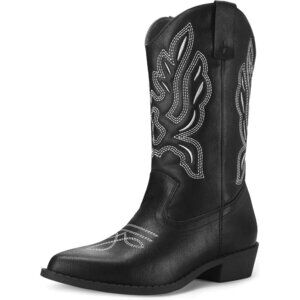 mysoft Women Black Western Cowboy Boots Mid Calf Pointed Toe Cowgirl